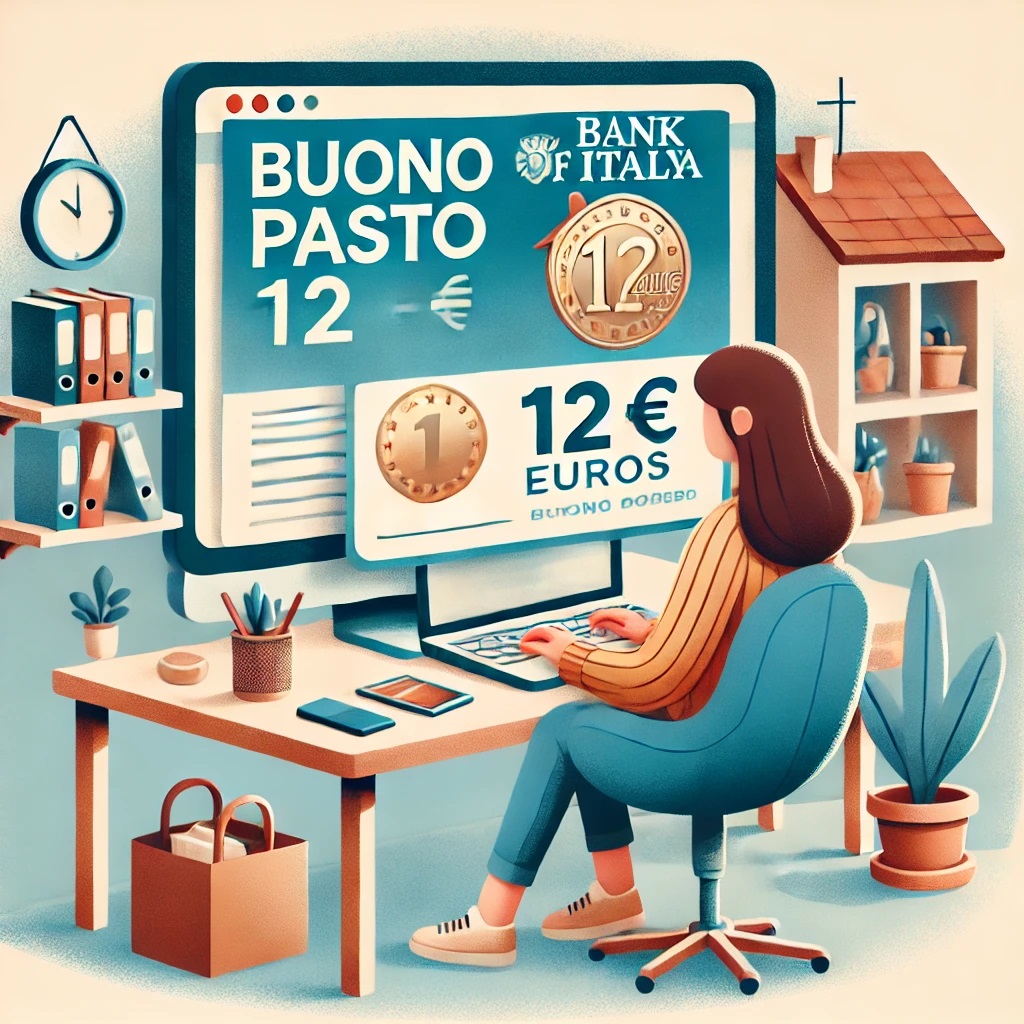persona alla scrivania a casa propria di fronte al monitor con la scritta Buono Pasto 12€ e la scritta Banca d'Italia