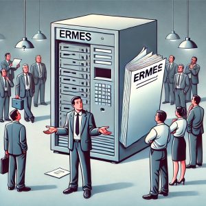 Key User di Ermes a mani alzate esprime confusione davanti ai colleghi.
