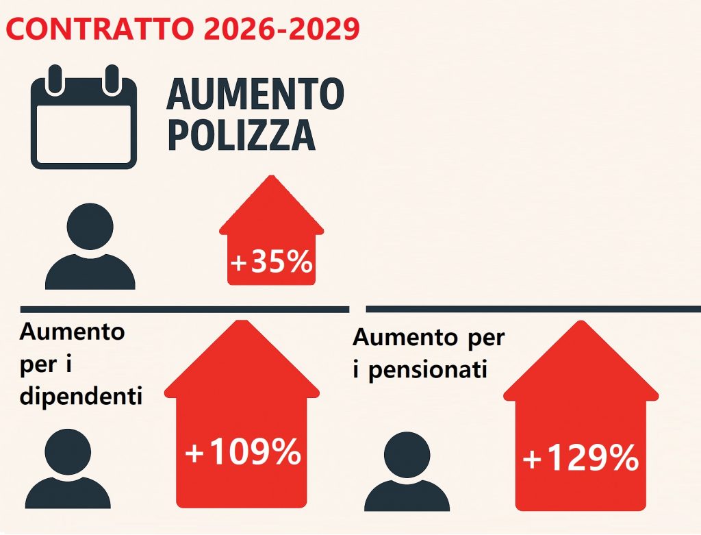 si riferisce al contratto 2026-2029. Nella parte superiore c'è un omino con una freccia rossa che punta verso l'alto con all'interno il 35% che corrisponde all'aumento del premio. Nella parte bassa stessa immagine ripetuta due volte, per dipendenti e pensionati, con i reali aumenti del 109% per i primi e del 129% per i secondi.