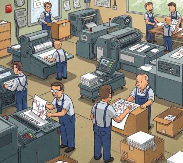 Operai di un centro stampa e comunicazione con tutti i macchinari