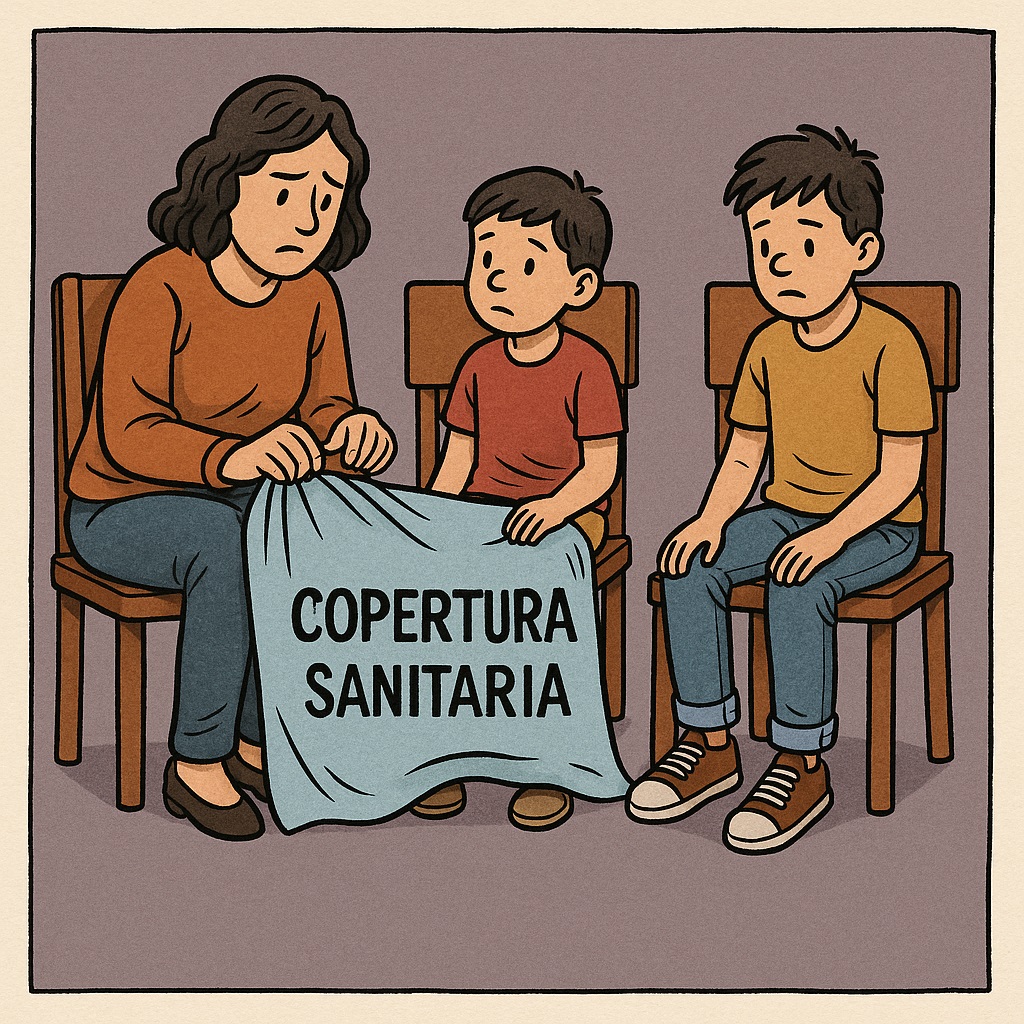 Tre membri di una famiglia (genitore e due figli) seduti su sedie identiche, ma solo uno ha una coperta sulle ginocchia (etichettata “copertura sanitaria”)