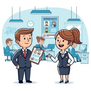 Ci sono due figure, una maschile e l'altra femminile, che si occupano di safety all'interno di un ufficio con delle scrivanie dove sono seduti dei colleghi