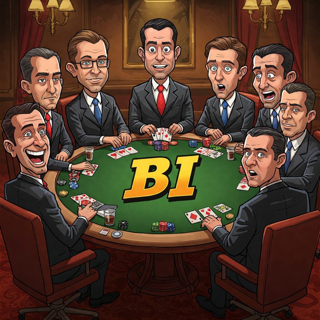 Giocatori di poker intorno a un tavolo da gioco con la sigla BI al centro del tavolo