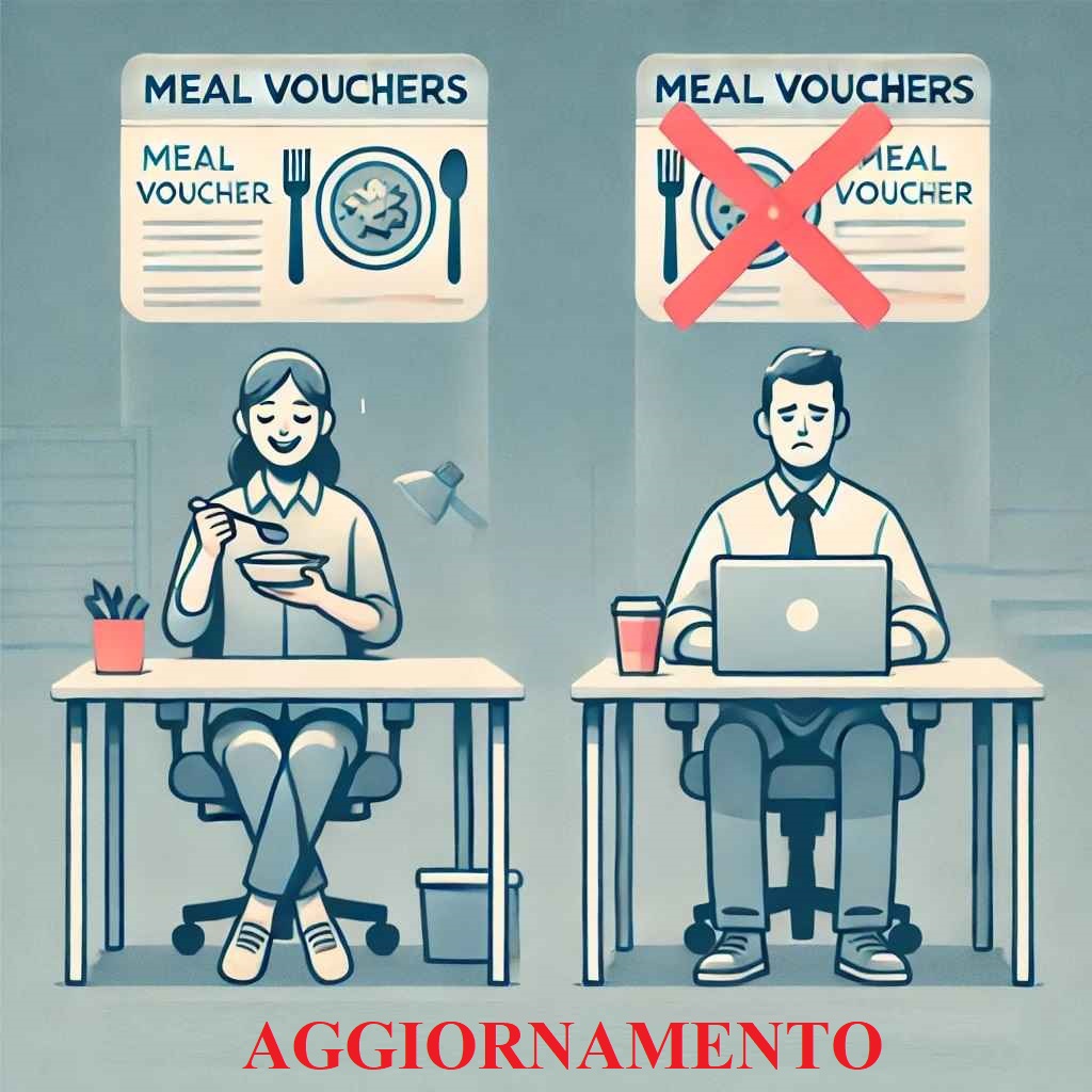 Due lavoratori uguali, uno con buono pasto uno senza con la scritta AGGIORNAMENTO ai piedi dei due colleghi